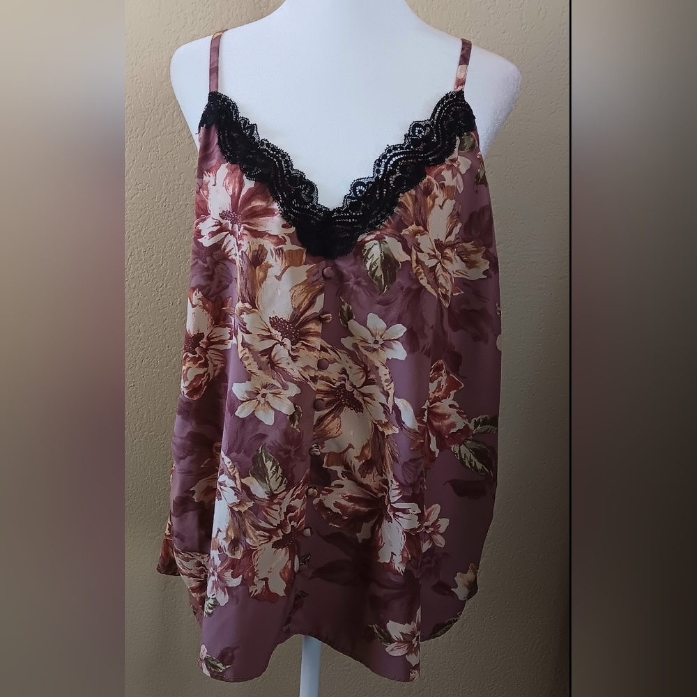 Torrid 1 Silky Sexy Floral Tank Top with Lace Trim Dusty Rose Pink Cream